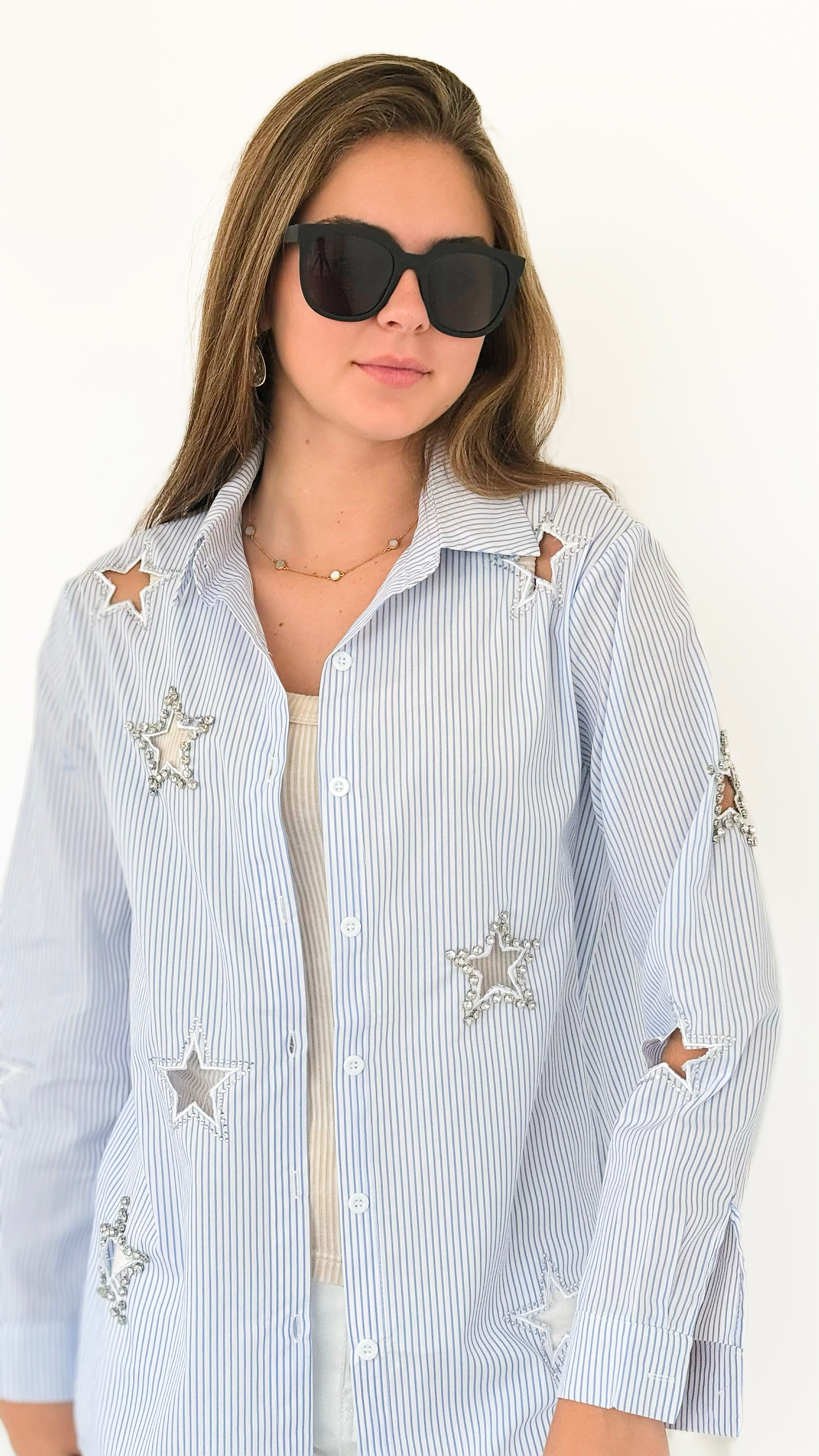 Starry Stripes Button-Down Blouse-130 Long Sleeve Tops-LC Lizette-Coastal Bloom Boutique, find the trendiest versions of the popular styles and looks Located in Indialantic, FL