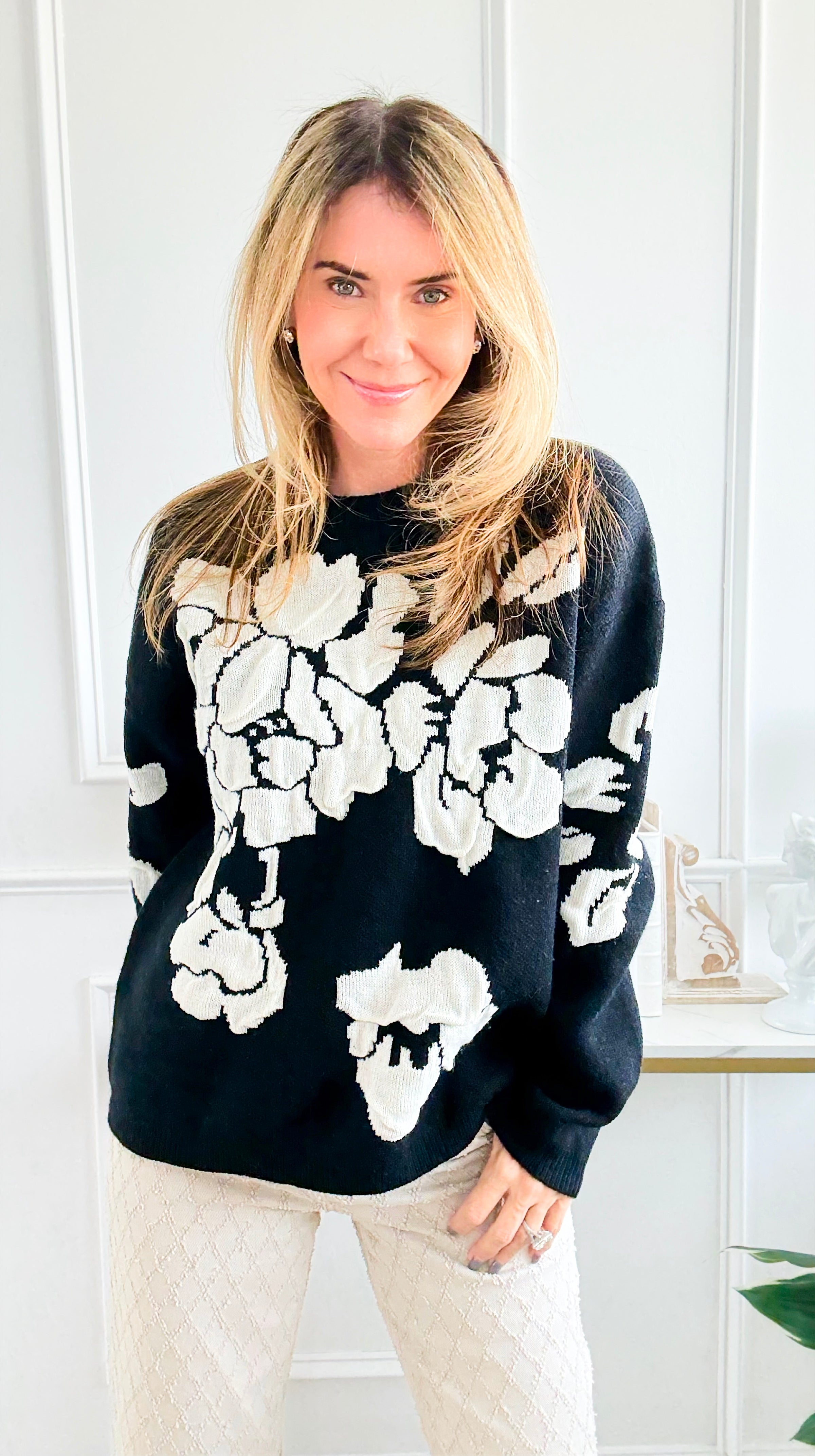 Bold Bloom Knit Sweater - Black-140 Sweaters-Rousseau-Coastal Bloom Boutique, find the trendiest versions of the popular styles and looks Located in Indialantic, FL