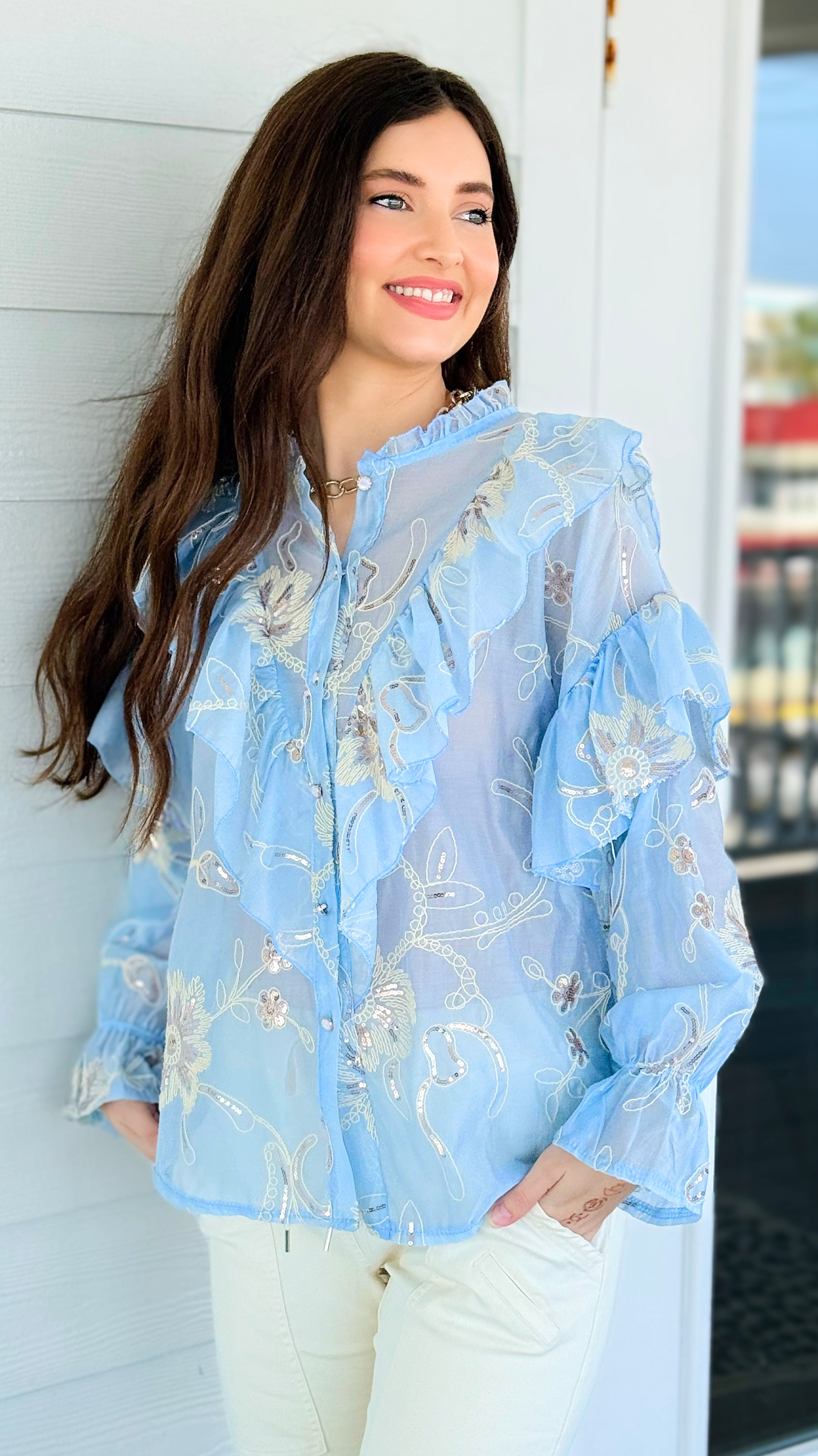 Elegance Bloom Embroidered Italian Button Top- Light Blue