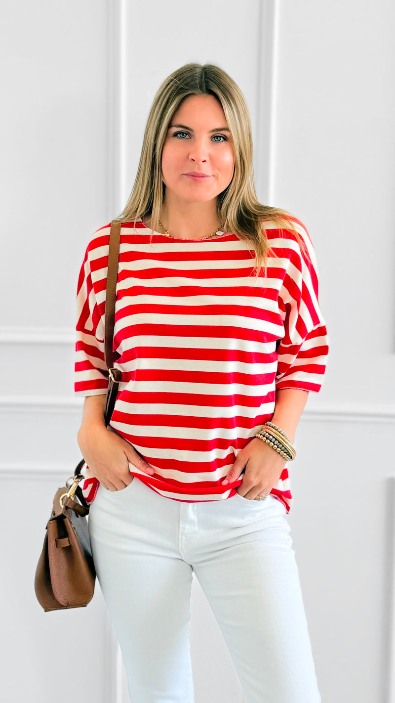 Classic Stripe Italian Short Sleeve Top- Red-110 short Sleeve Top-Italianissimo-Coastal Bloom Boutique, find the trendiest versions of the popular styles and looks Located in Indialantic, FL