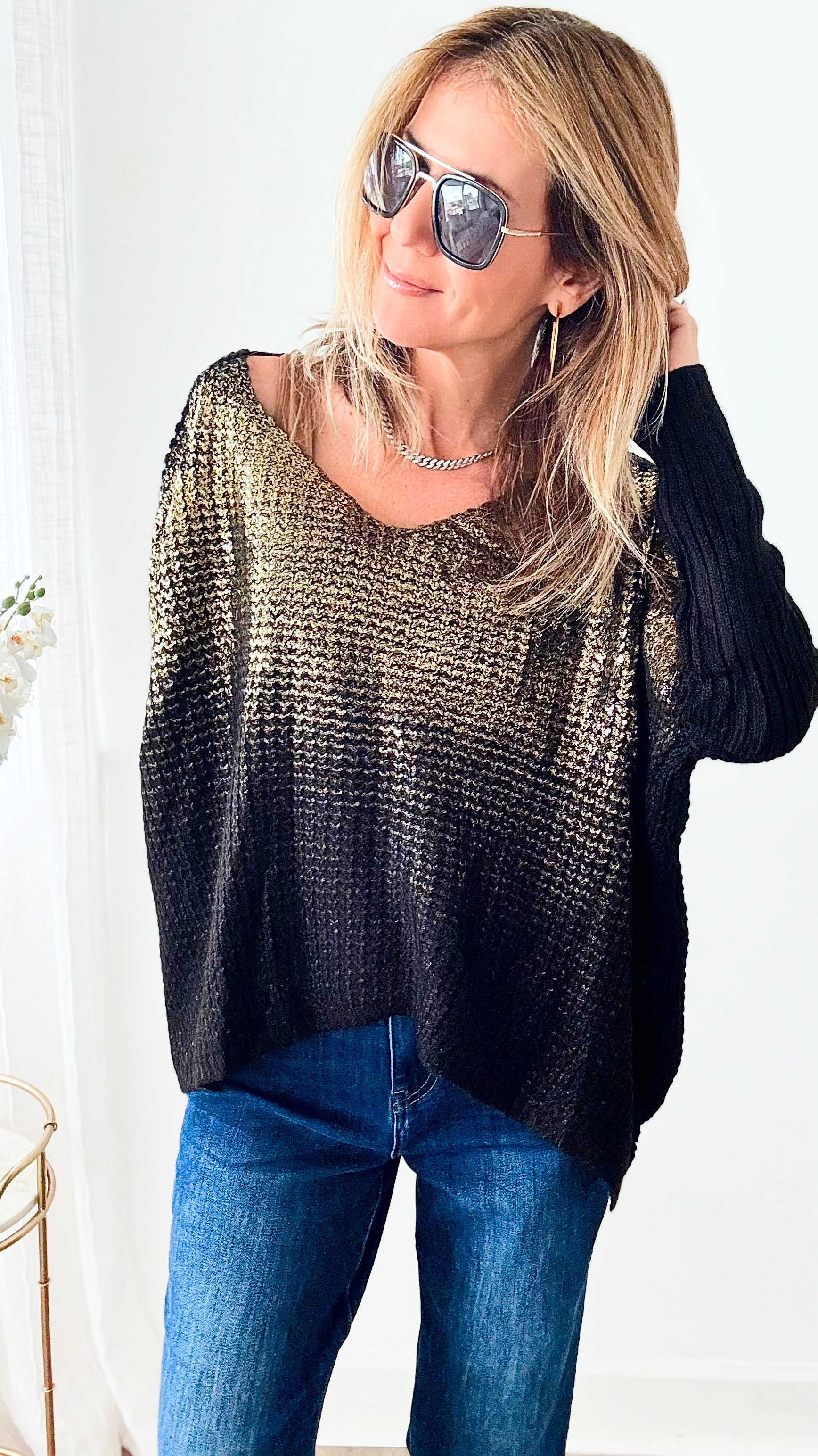 V Neck Gold Foil Sweater - Black-140 Sweaters-Look Mode-Coastal Bloom Boutique, find the trendiest versions of the popular styles and looks Located in Indialantic, FL