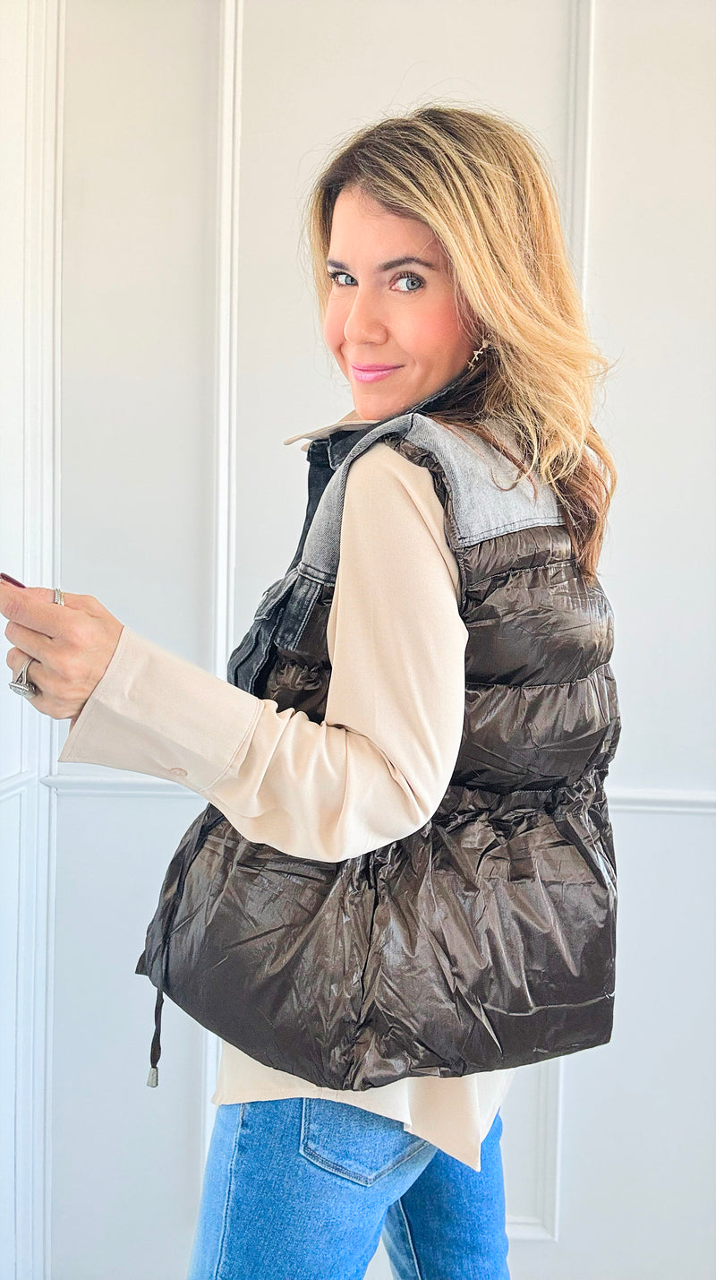 Contrast Denim Puffer Vest - Brown-150 Cardigans/Layers-Rousseau-Coastal Bloom Boutique, find the trendiest versions of the popular styles and looks Located in Indialantic, FL