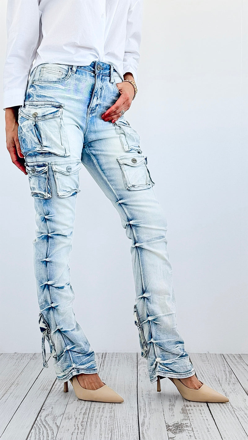 Street Style Cargo Denim Pants - Light Washed Denim-170 Bottoms-SMOKE RISE RED-Coastal Bloom Boutique, find the trendiest versions of the popular styles and looks Located in Indialantic, FL