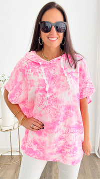 Washed Tapestry Short Sleeve Hoodie - Pink-110 Short Sleeve Tops-VENTI6 OUTLET-Coastal Bloom Boutique, find the trendiest versions of the popular styles and looks Located in Indialantic, FL