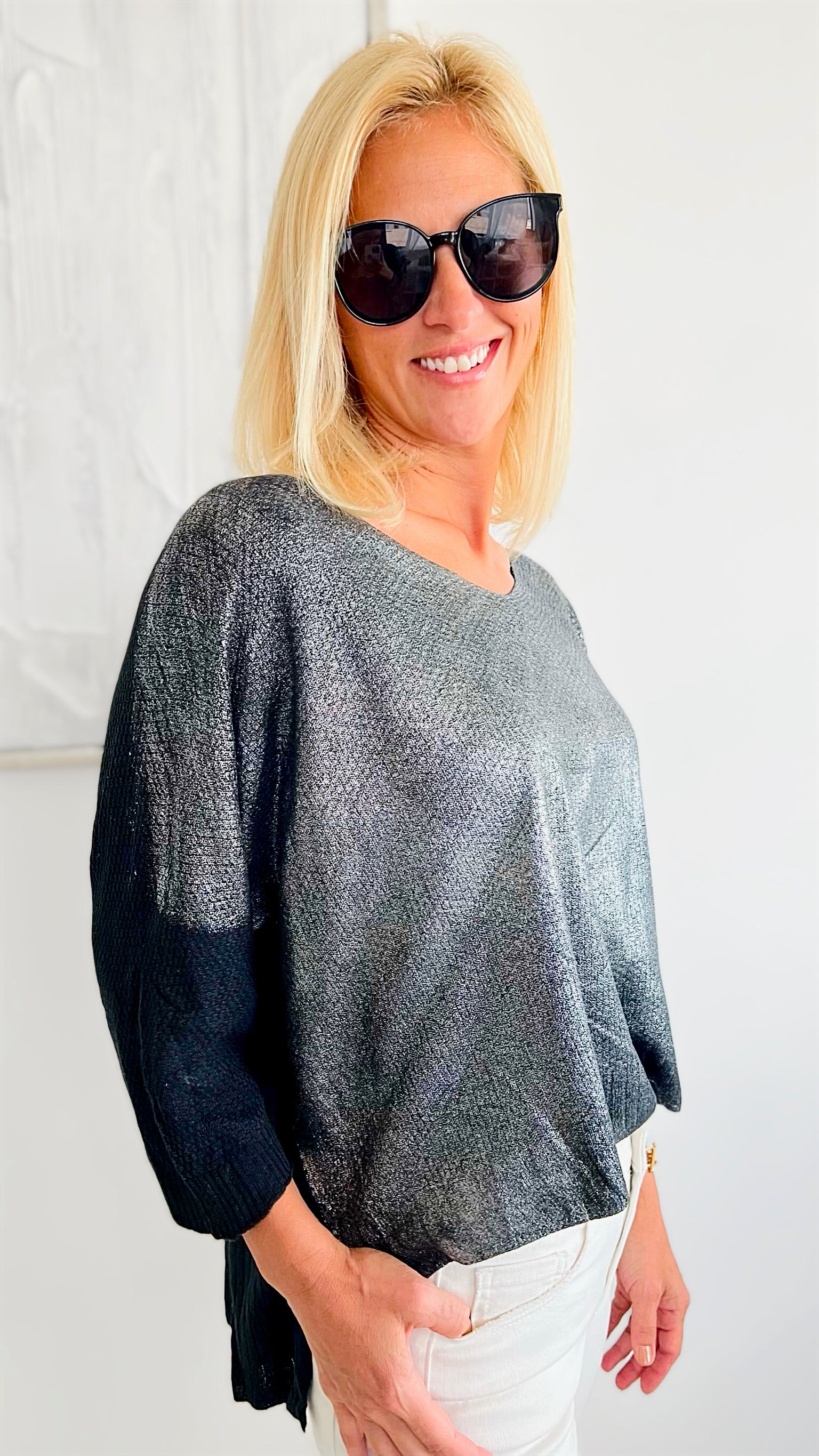 Shimmer Front Italian Sweater - Black-140 Sweaters-Look Mode-Coastal Bloom Boutique, find the trendiest versions of the popular styles and looks Located in Indialantic, FL
