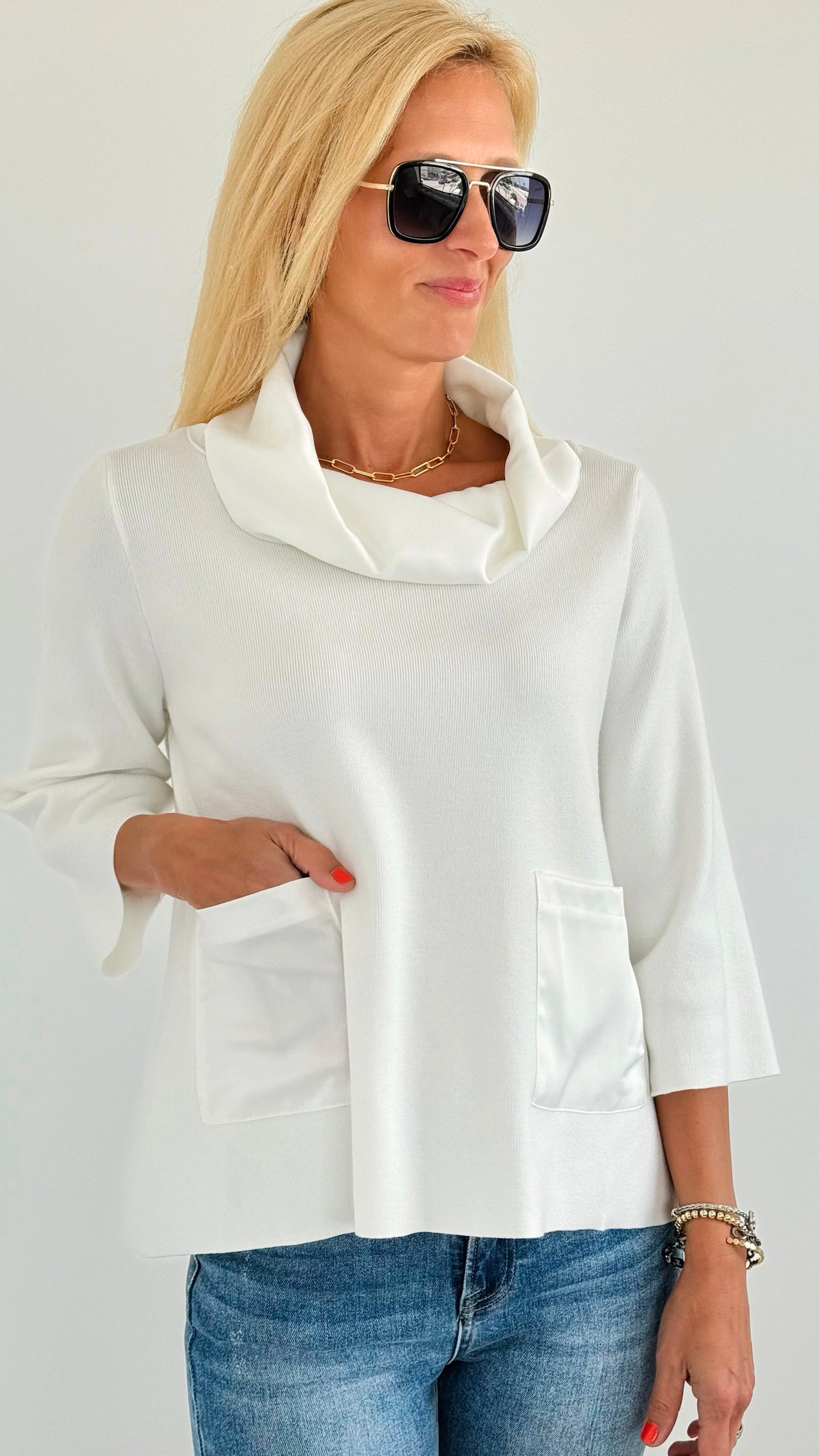 Contrast Satin Cowl Neck Sweater- Off White-130 Long sleeve top-Fate BY LFD-Coastal Bloom Boutique, find the trendiest versions of the popular styles and looks Located in Indialantic, FL