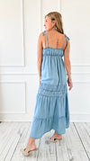Coastal Chambray Tie Strap Maxi Dress-200 Dresses/Jumpsuits/Rompers-Blu Pepper-Coastal Bloom Boutique, find the trendiest versions of the popular styles and looks Located in Indialantic, FL