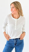 Button-Front Waffle Knit Top - Off White-110 Long Sleeve Tops-Zenana-Coastal Bloom Boutique, find the trendiest versions of the popular styles and looks Located in Indialantic, FL