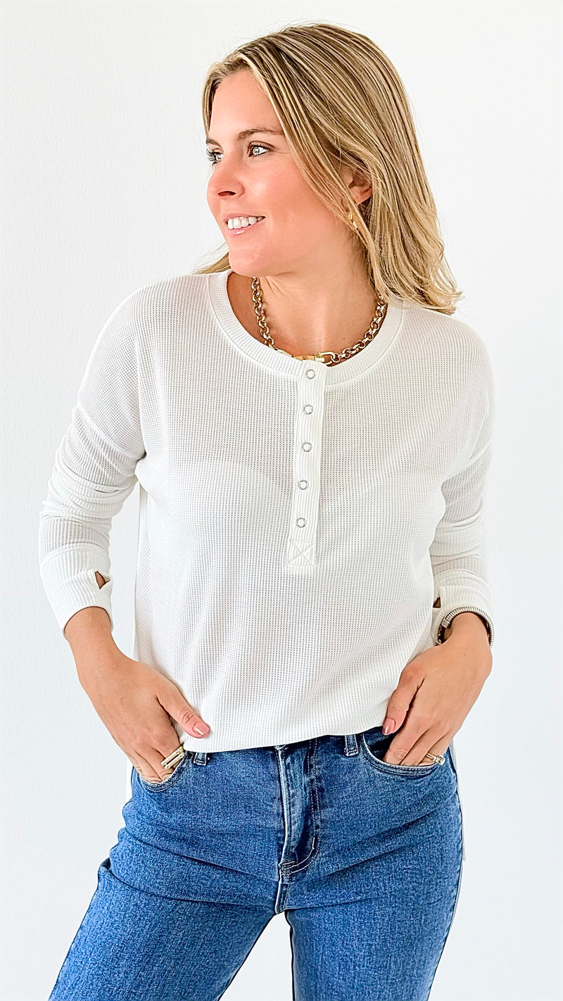 Button-Front Waffle Knit Top - Off White-110 Long Sleeve Tops-Zenana-Coastal Bloom Boutique, find the trendiest versions of the popular styles and looks Located in Indialantic, FL