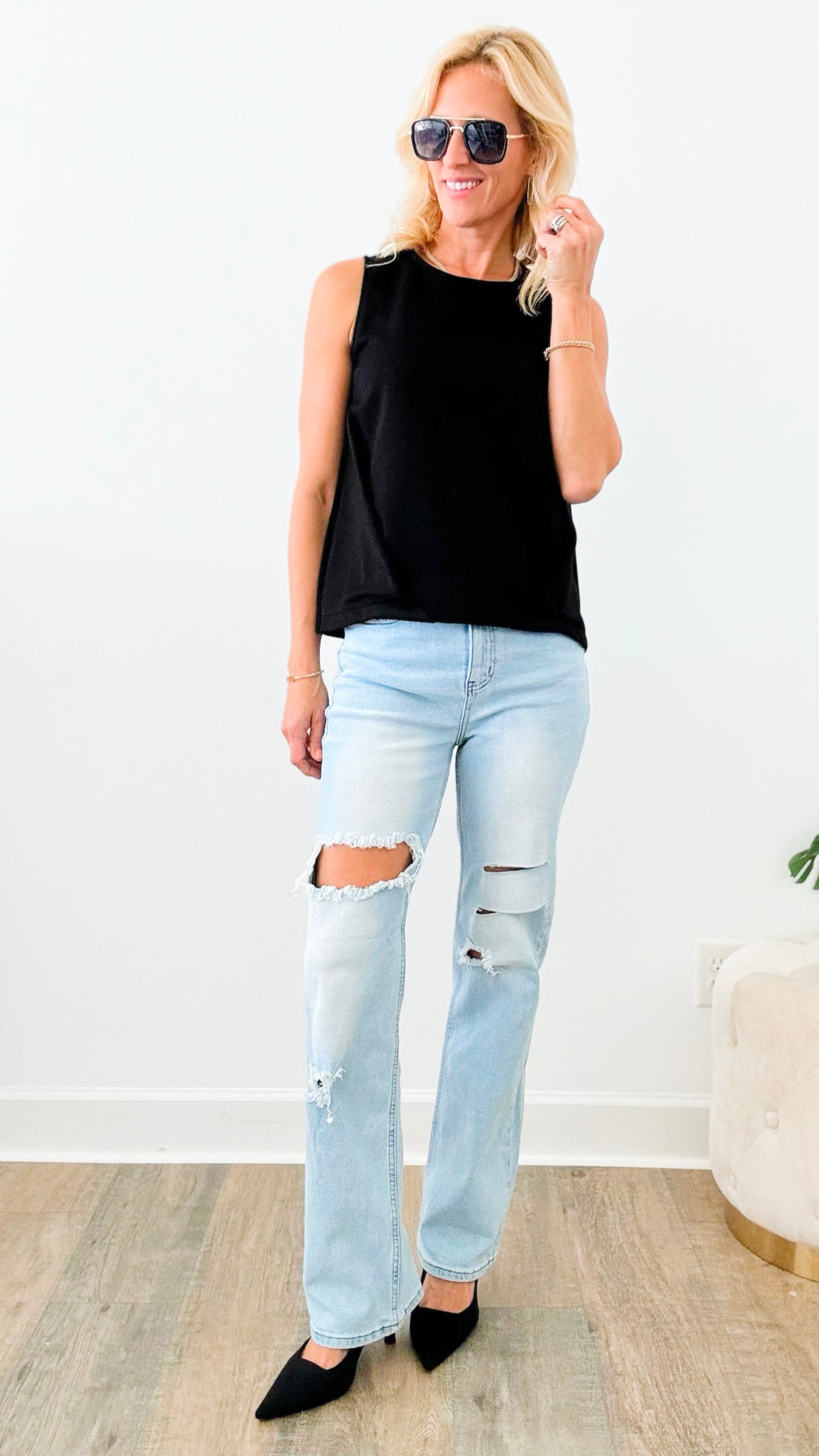 High Waisted Distress Wide Leg- Light Stone-190 Denim-Vibrant M.i.U-Coastal Bloom Boutique, find the trendiest versions of the popular styles and looks Located in Indialantic, FL