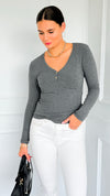 Button Me Up Ribbed Top - Heather Charcoal-130 Long Sleeve Tops-YELETE-Coastal Bloom Boutique, find the trendiest versions of the popular styles and looks Located in Indialantic, FL