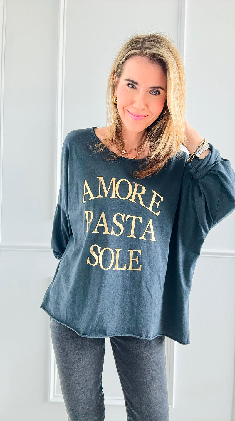 " Amore Pasta Sole" Italian T- Shirt- Charcoal-t-shirt-Italianissimo-Coastal Bloom Boutique, find the trendiest versions of the popular styles and looks Located in Indialantic, FL