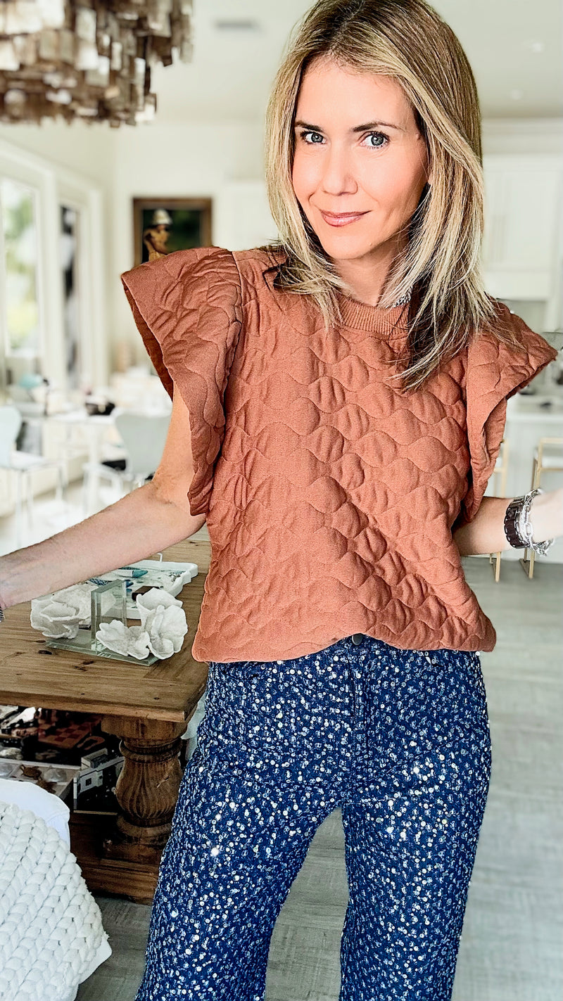 Quilted Ruffle Sleeve Top - Mocha-110 Short Sleeve Tops-Ces Femme-Coastal Bloom Boutique, find the trendiest versions of the popular styles and looks Located in Indialantic, FL