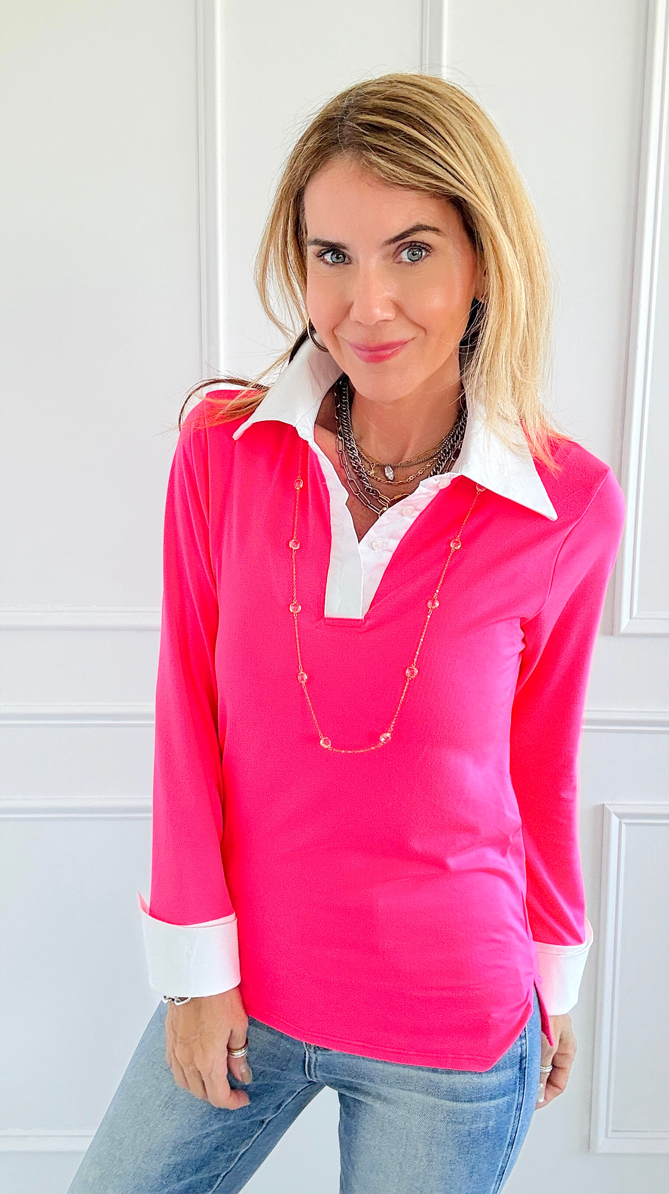 The Frankie Button Down Top - Neon Pink-130 Long Sleeve Tops-EC COLLECTION INC-Coastal Bloom Boutique, find the trendiest versions of the popular styles and looks Located in Indialantic, FL