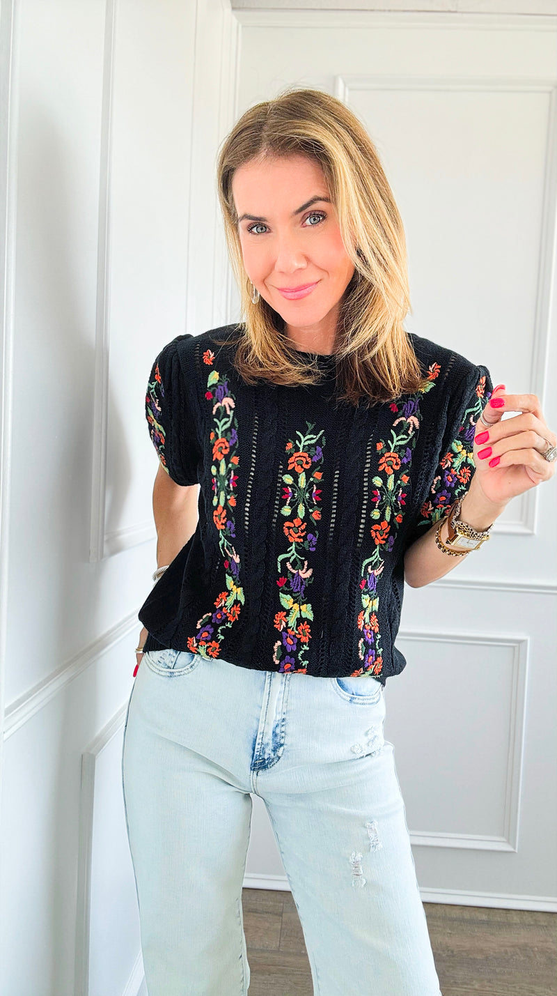 Embroidered Short-Sleeved Crew Neck Sweater - Black-140 Sweaters-BIBI-Coastal Bloom Boutique, find the trendiest versions of the popular styles and looks Located in Indialantic, FL