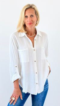 Effortless Edge Frayed Blouse Top - White-110 Long Sleeve Tops-Zenana-Coastal Bloom Boutique, find the trendiest versions of the popular styles and looks Located in Indialantic, FL