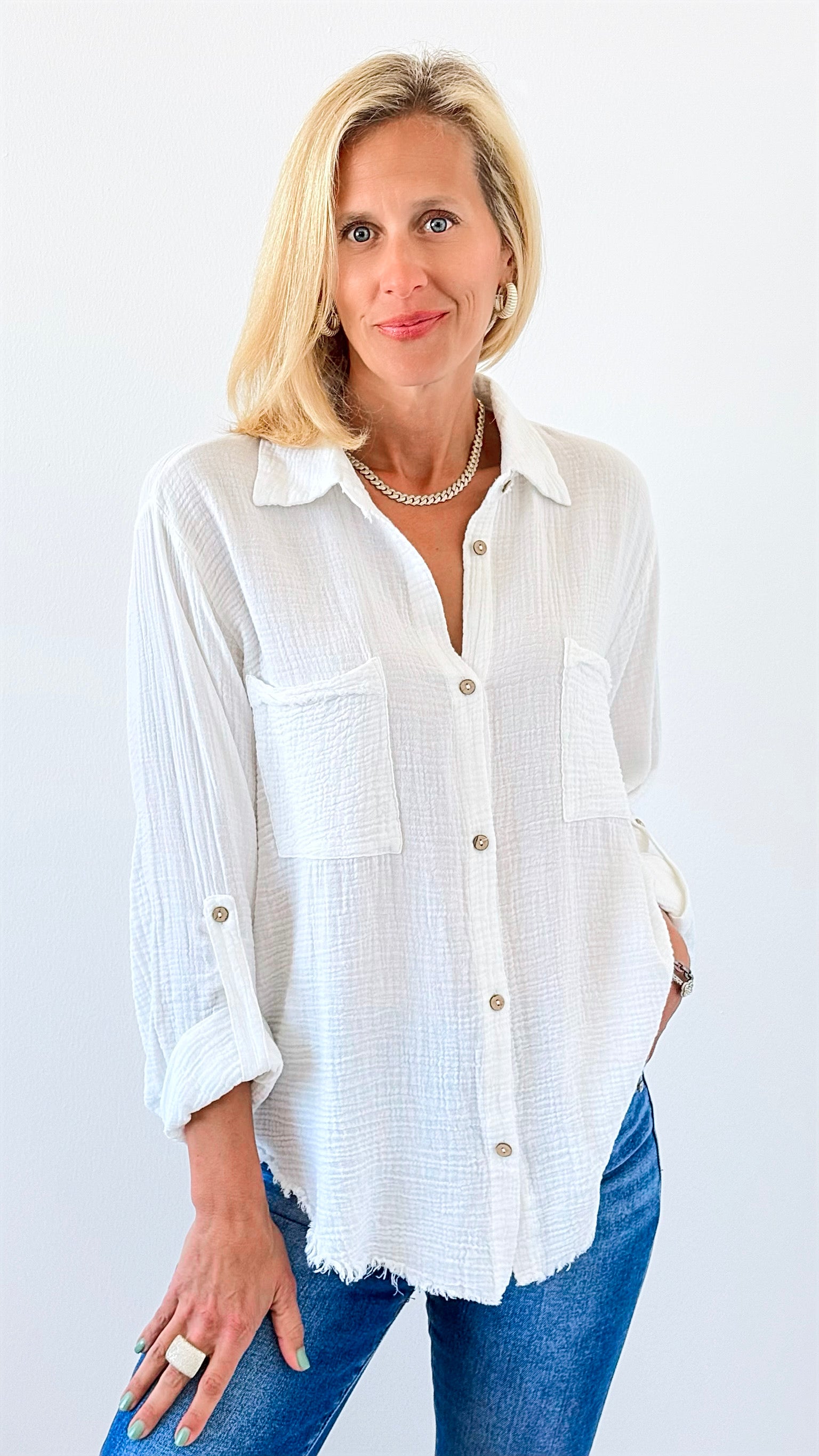 Effortless Edge Frayed Blouse Top - White-110 Long Sleeve Tops-Zenana-Coastal Bloom Boutique, find the trendiest versions of the popular styles and looks Located in Indialantic, FL