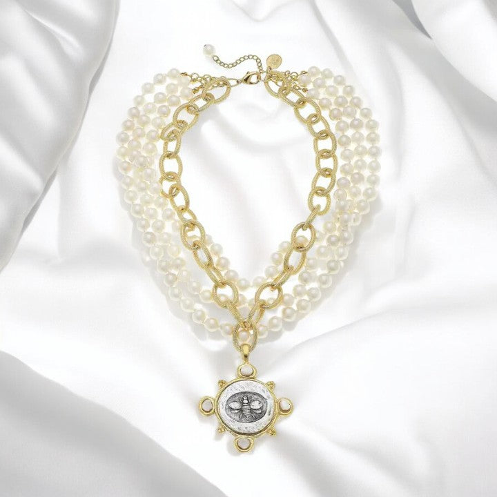 Tone Bee 4 Rows Pearls Necklace - Susan Shaw-230 Jewelry-SUSAN SHAW-Coastal Bloom Boutique, find the trendiest versions of the popular styles and looks Located in Indialantic, FL