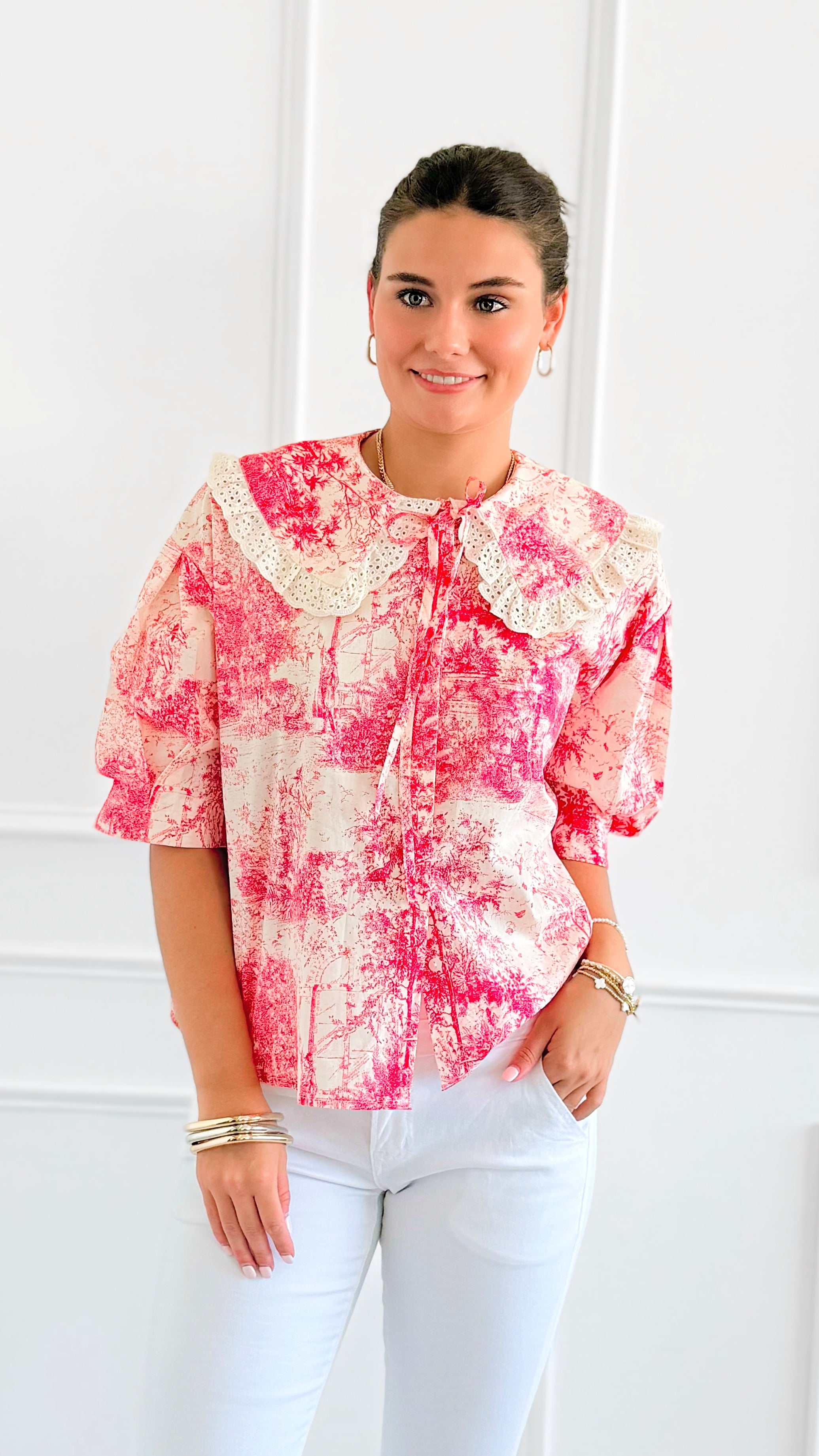 Countryside Reverie Puff Sleeve Top - Red-110 Short Sleeve Tops-GIGIO-Coastal Bloom Boutique, find the trendiest versions of the popular styles and looks Located in Indialantic, FL