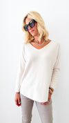 Soho Italian V-Neck Pullover - Ecru-140 Sweaters-Italianissimo-Coastal Bloom Boutique, find the trendiest versions of the popular styles and looks Located in Indialantic, FL