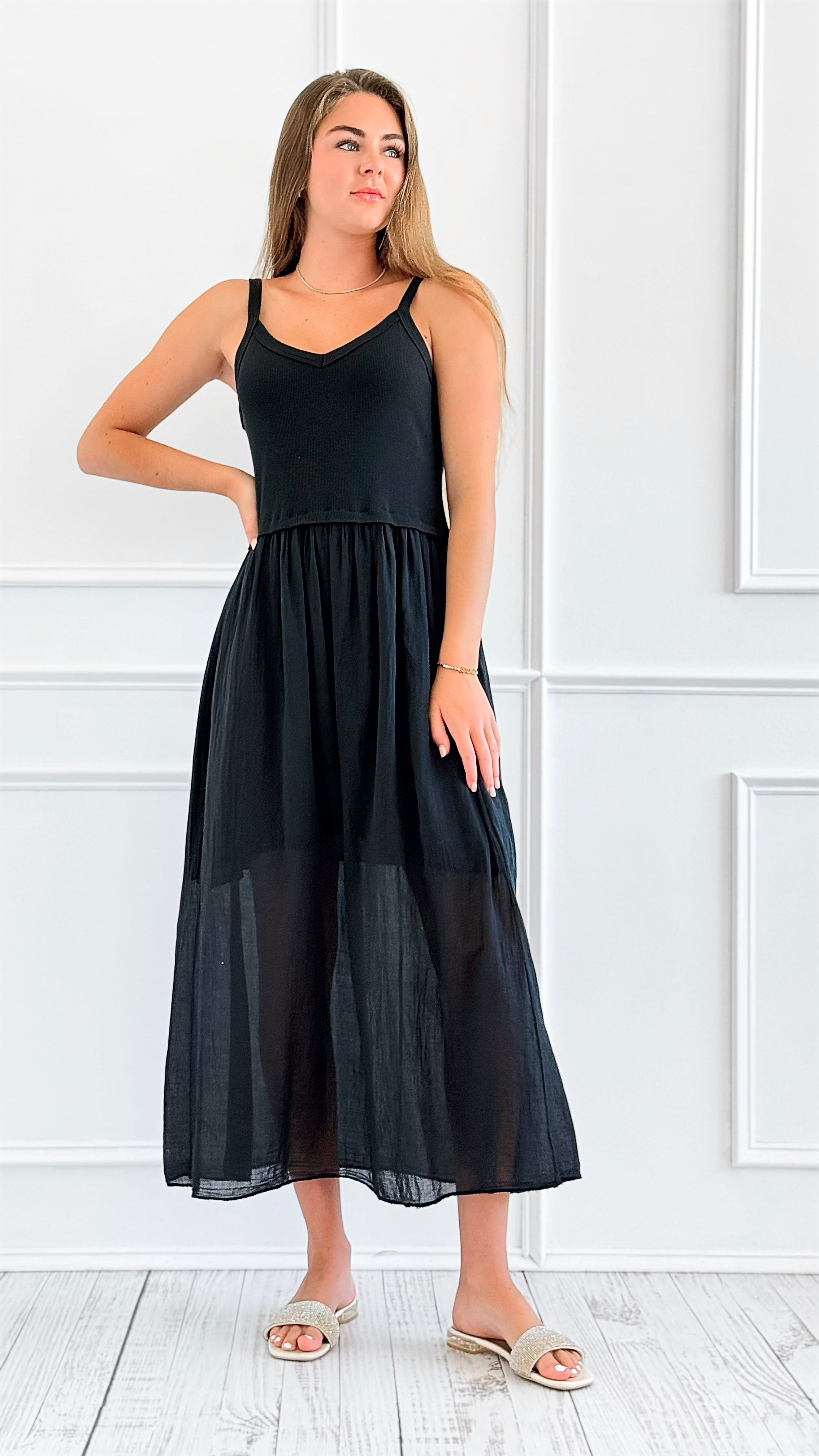 Breezy Stroll Italian Midi Dress- Black-200 Dresses/Jumpsuits/Rompers-Italianissimo-Coastal Bloom Boutique, find the trendiest versions of the popular styles and looks Located in Indialantic, FL