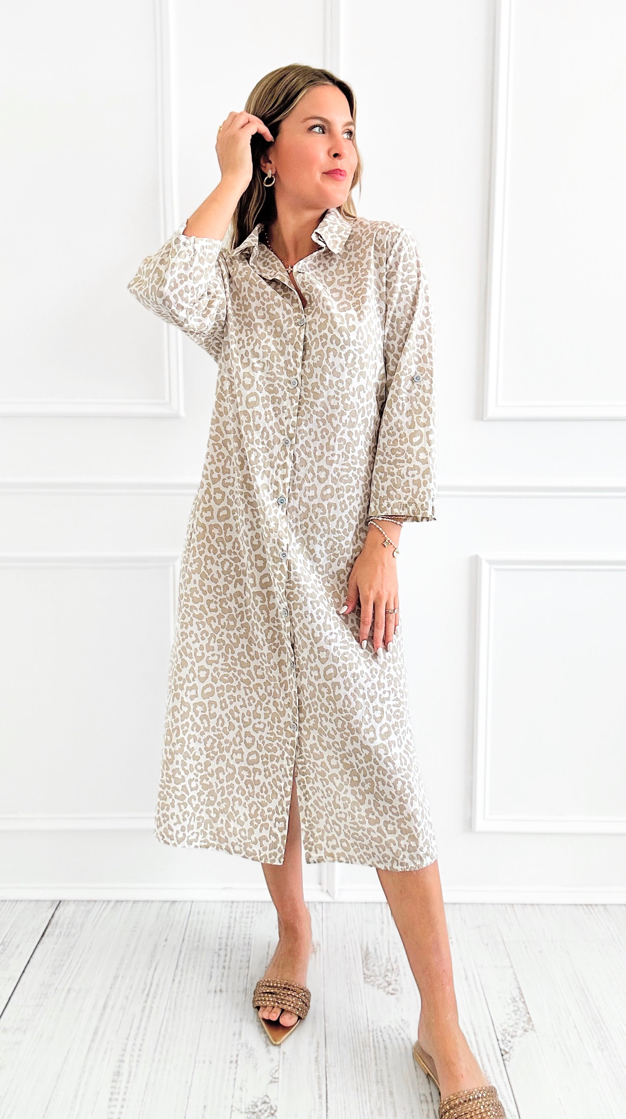 Wild Italian Button Dress- Beige-170 Bottoms-Italianissimo-Coastal Bloom Boutique, find the trendiest versions of the popular styles and looks Located in Indialantic, FL