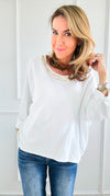 Metallic Foil Detailed Comfort Italian Pullover- White/Gold-140 Sweaters-Italianissimo-Coastal Bloom Boutique, find the trendiest versions of the popular styles and looks Located in Indialantic, FL