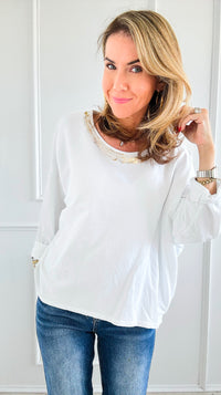 Metallic Foil Detailed Comfort Italian Pullover- White/Gold-140 Sweaters-Italianissimo-Coastal Bloom Boutique, find the trendiest versions of the popular styles and looks Located in Indialantic, FL