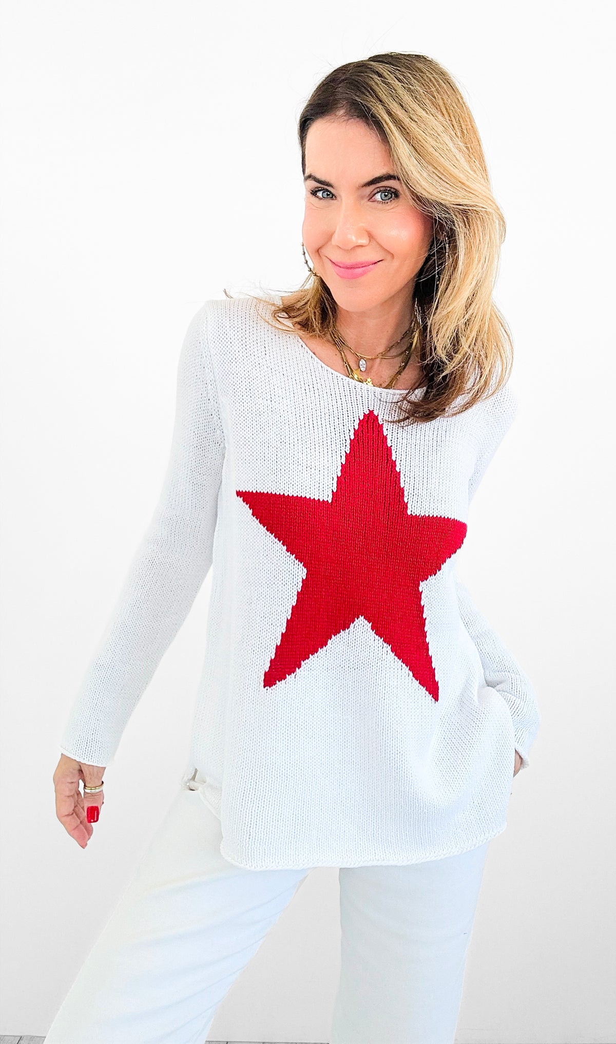 Superstar Knit Sweater - Ivory/Red-140 Sweaters-MIRACLE-Coastal Bloom Boutique, find the trendiest versions of the popular styles and looks Located in Indialantic, FL