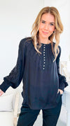 Sequin Detail Long Sleeve Blouse - Black-130 Long Sleeve Tops-pastel design-Coastal Bloom Boutique, find the trendiest versions of the popular styles and looks Located in Indialantic, FL