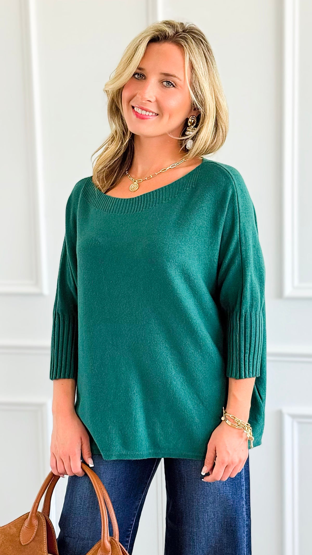 Break Free Round - Neck 3/4 Sleeve Italian Sweater Top - Evergreen-140 Sweaters-J.D. PRONTO MODA-Coastal Bloom Boutique, find the trendiest versions of the popular styles and looks Located in Indialantic, FL