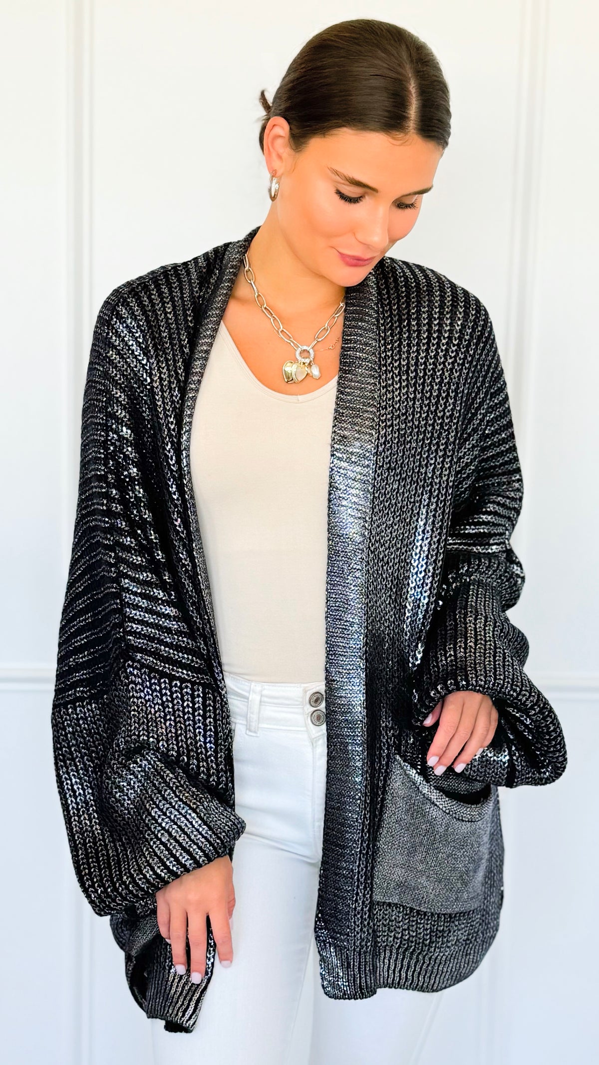 Mirrored Metallic Sugar High Italian Cardigan- Navy/ Silver-150 Cardigan Layers-Italianissimo-Coastal Bloom Boutique, find the trendiest versions of the popular styles and looks Located in Indialantic, FL