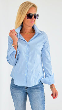 Classic Button Down Long Sleeve - Blue-130 Long Sleeve Tops-Michel-Coastal Bloom Boutique, find the trendiest versions of the popular styles and looks Located in Indialantic, FL