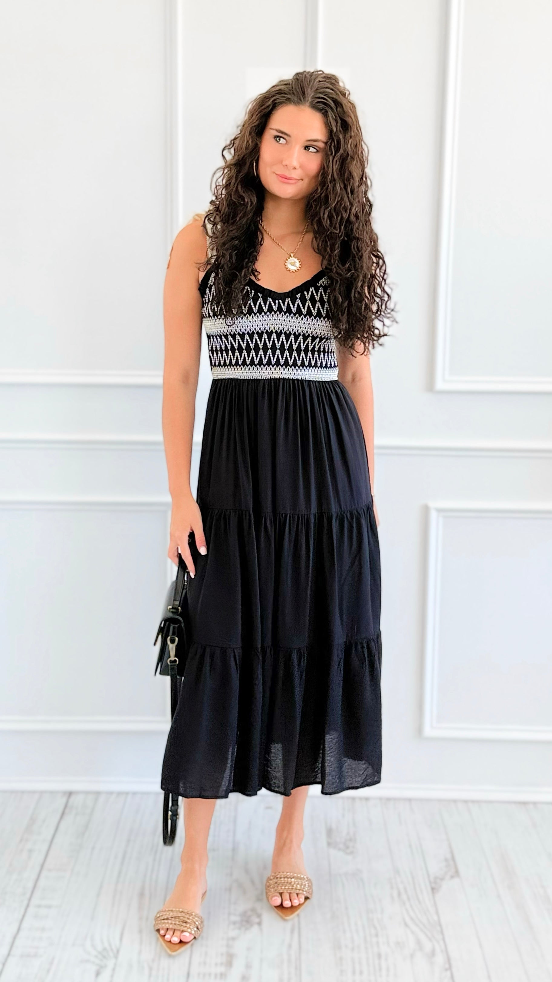 Contrast Smocked Tiered Midi Dress