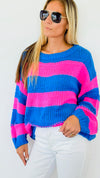 Striped Bubble Sleeve Knitted Sweater - Blue & Pink-140 Sweaters-Miracle-Coastal Bloom Boutique, find the trendiest versions of the popular styles and looks Located in Indialantic, FL