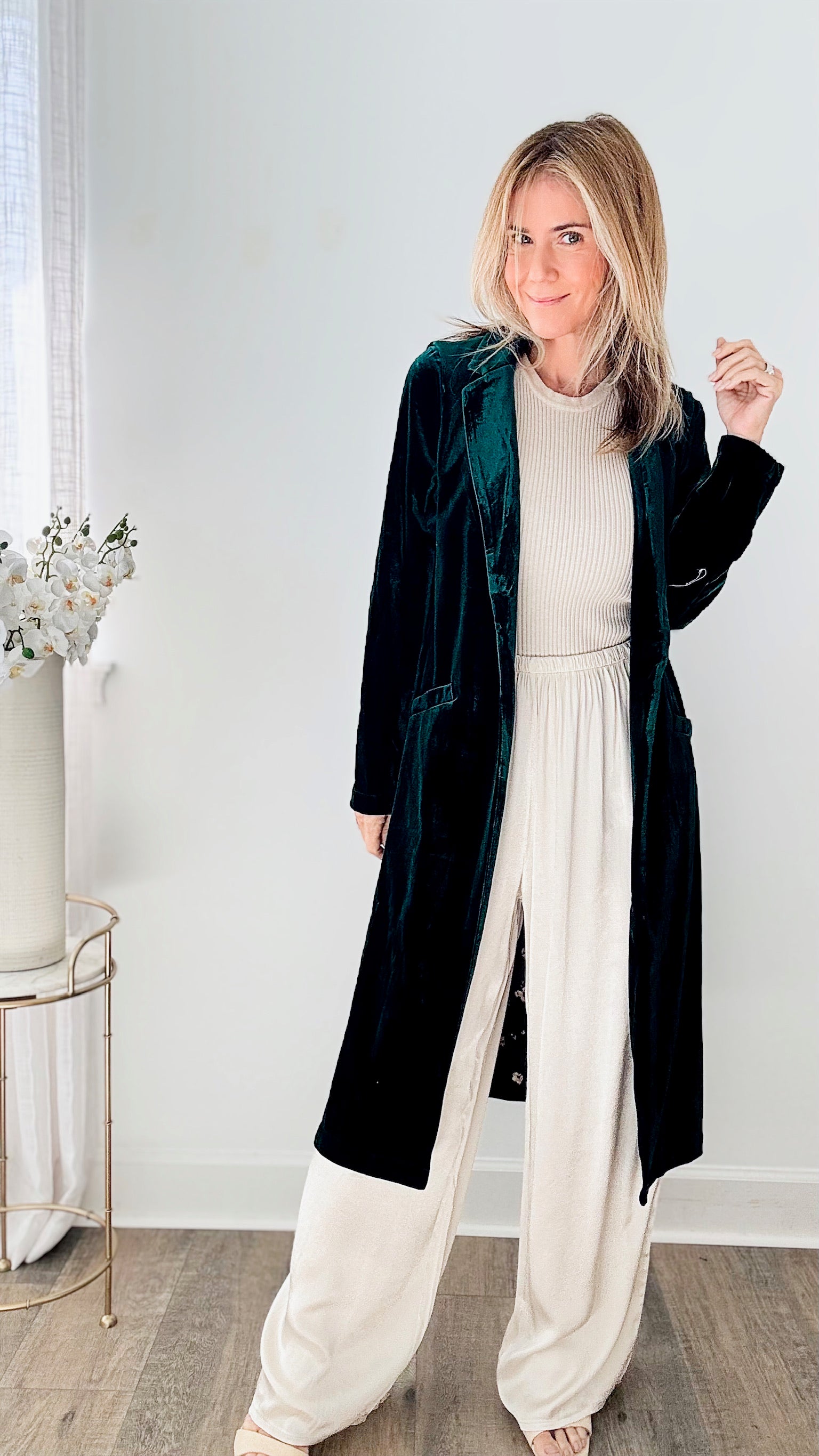 Velvet Duster Coat - Hunter Green-160 Jackets-skies are blue-Coastal Bloom Boutique, find the trendiest versions of the popular styles and looks Located in Indialantic, FL