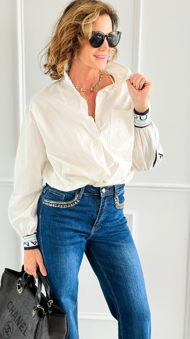 Amour Statement Italian Blouse- White-130 Long Sleeve Tops-Italianissimo/AMIRA-Coastal Bloom Boutique, find the trendiest versions of the popular styles and looks Located in Indialantic, FL