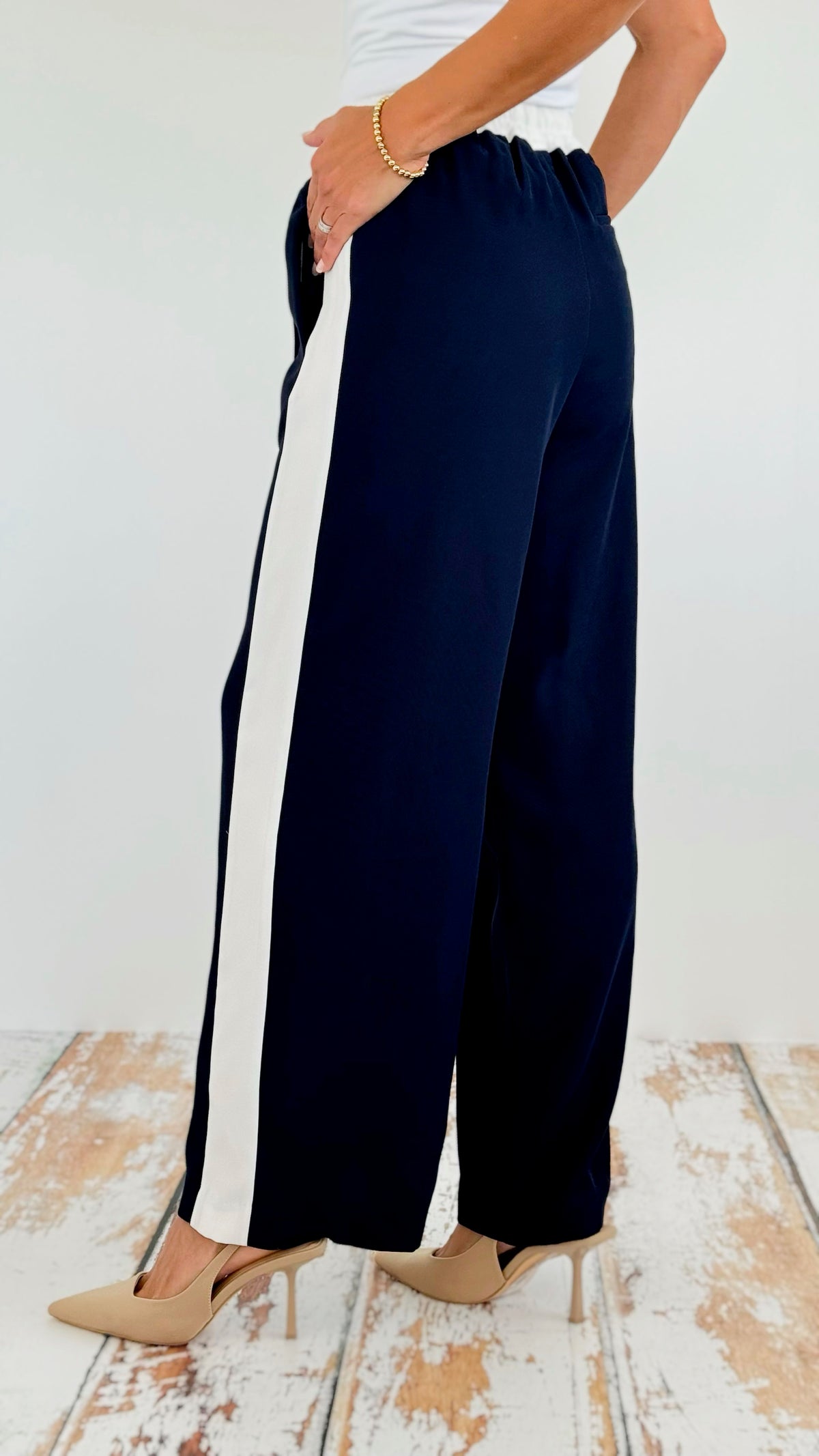 Striped Straight Pants - Navy-170 Bottoms-EESOME-Coastal Bloom Boutique, find the trendiest versions of the popular styles and looks Located in Indialantic, FL