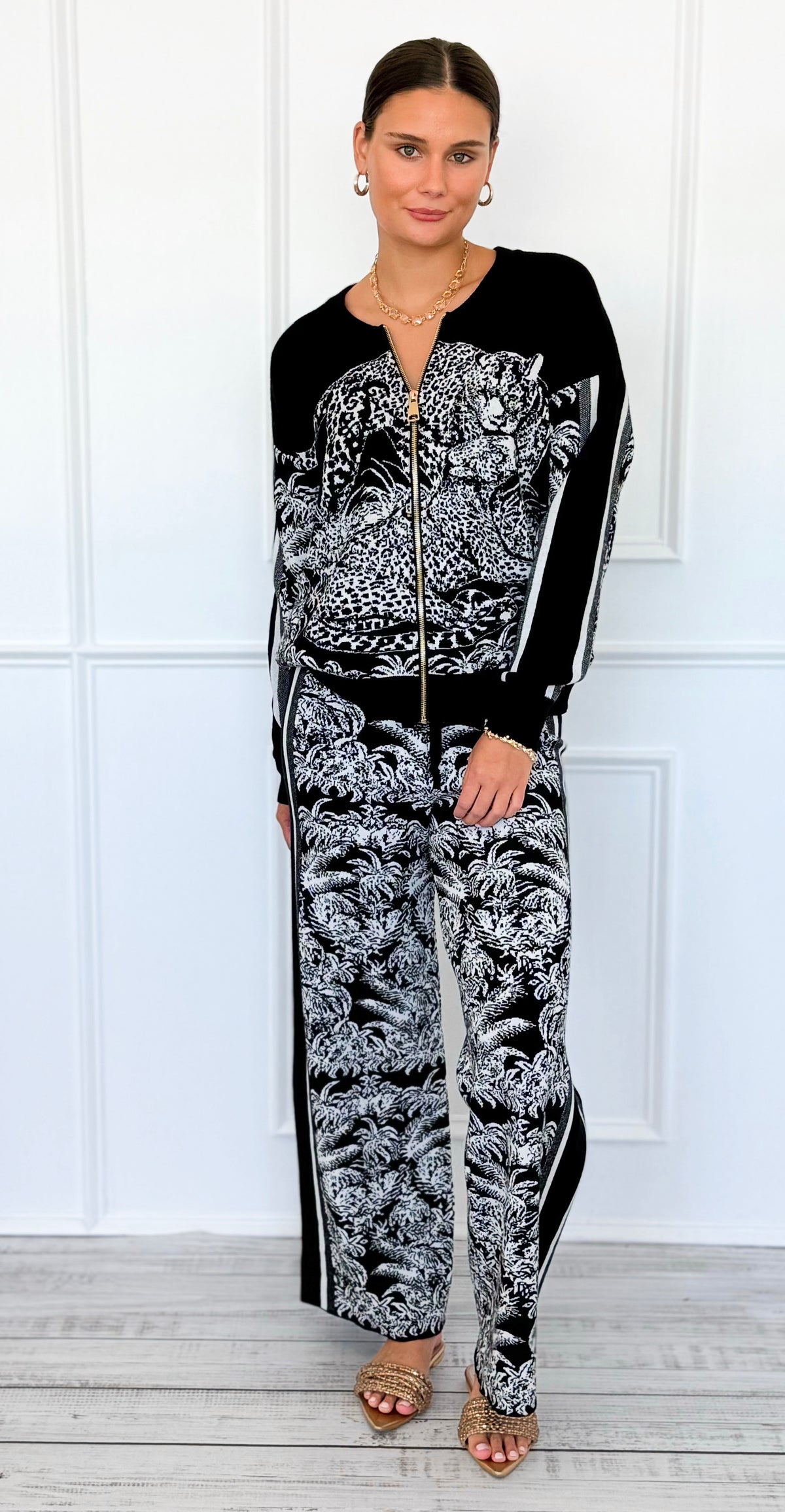 Elegant Jungle Italian Zip- Up Set- Black-210 Loungewear/Sets-K2-Coastal Bloom Boutique, find the trendiest versions of the popular styles and looks Located in Indialantic, FL