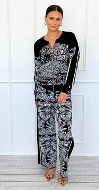 Elegant Jungle Italian Zip- Up Set- Black-210 Loungewear/Sets-K2-Coastal Bloom Boutique, find the trendiest versions of the popular styles and looks Located in Indialantic, FL