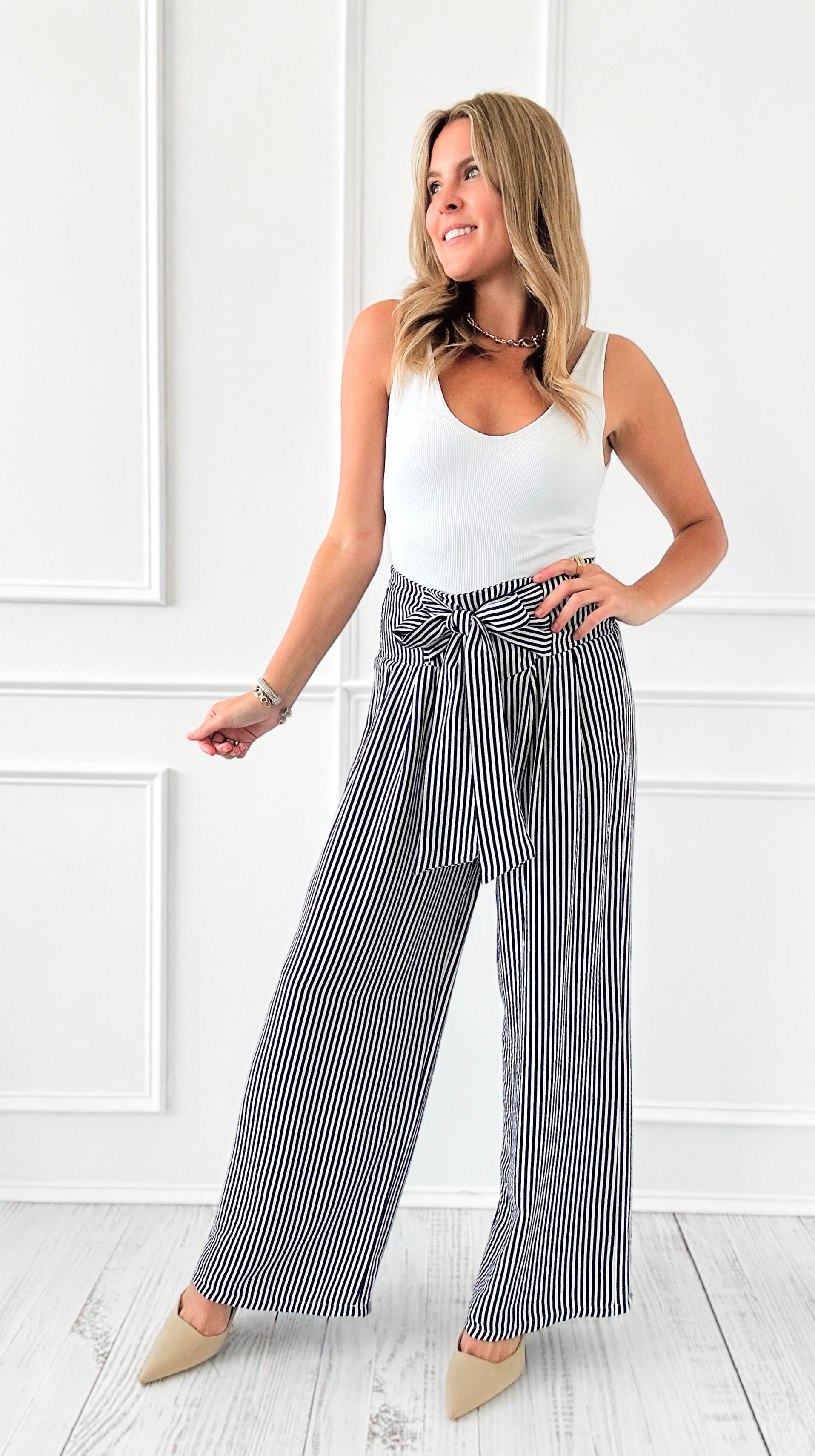 Stripe Front Bow Italian Pant-100 Pants-Italianissimo-Coastal Bloom Boutique, find the trendiest versions of the popular styles and looks Located in Indialantic, FL