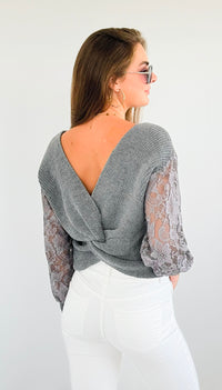 V-Neck Lace Sleeves Sweater-140 Sweaters-Rousseau-Coastal Bloom Boutique, find the trendiest versions of the popular styles and looks Located in Indialantic, FL