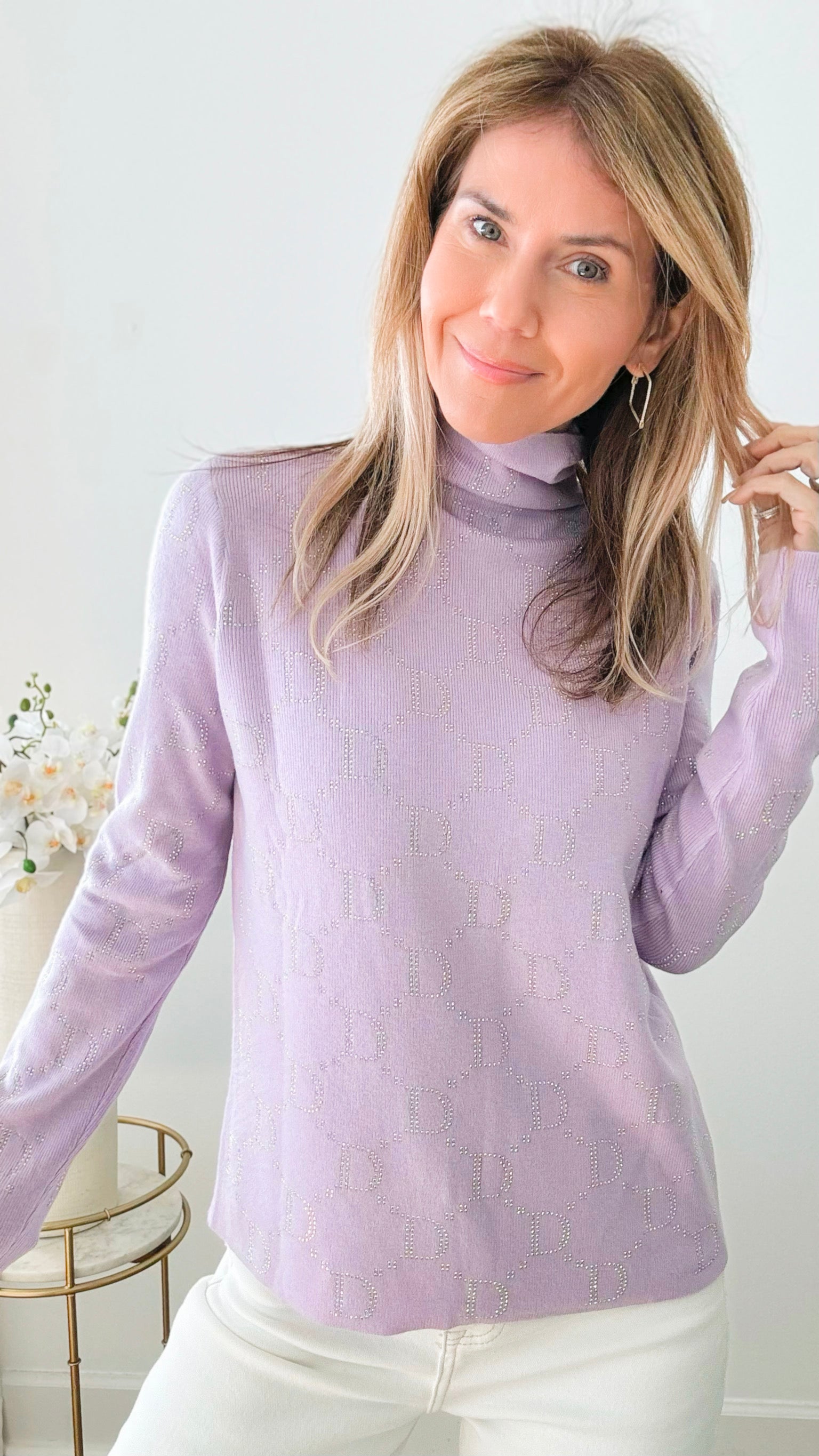 Rhinestones " D Letter" Turtleneck Sweater - Lila-140 Sweaters-CBALY-Coastal Bloom Boutique, find the trendiest versions of the popular styles and looks Located in Indialantic, FL