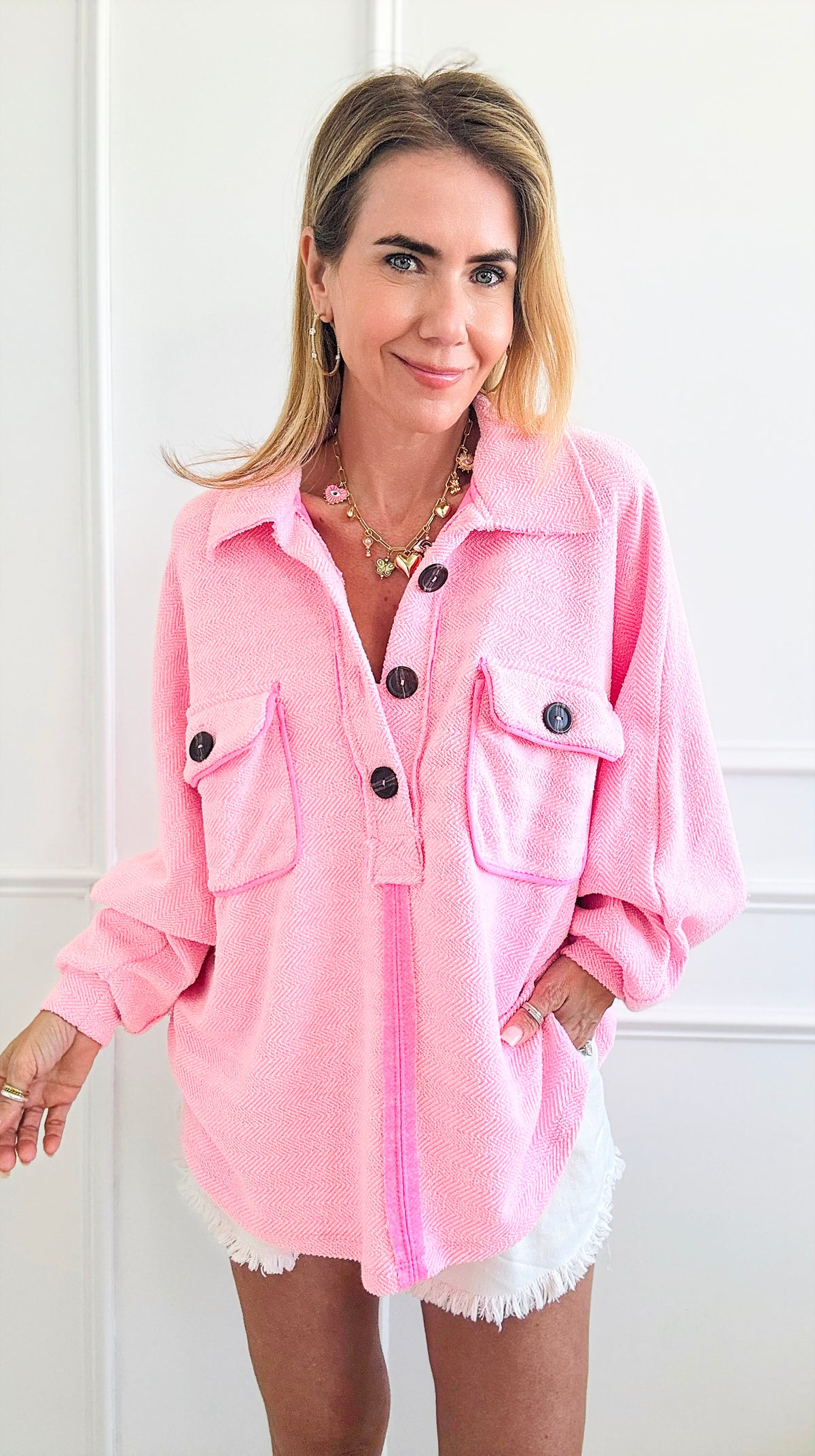 Contrast Detailed Oversized Sweatshirt Top - Neon Pink-130 Long Sleeve Tops-BucketList-Coastal Bloom Boutique, find the trendiest versions of the popular styles and looks Located in Indialantic, FL
