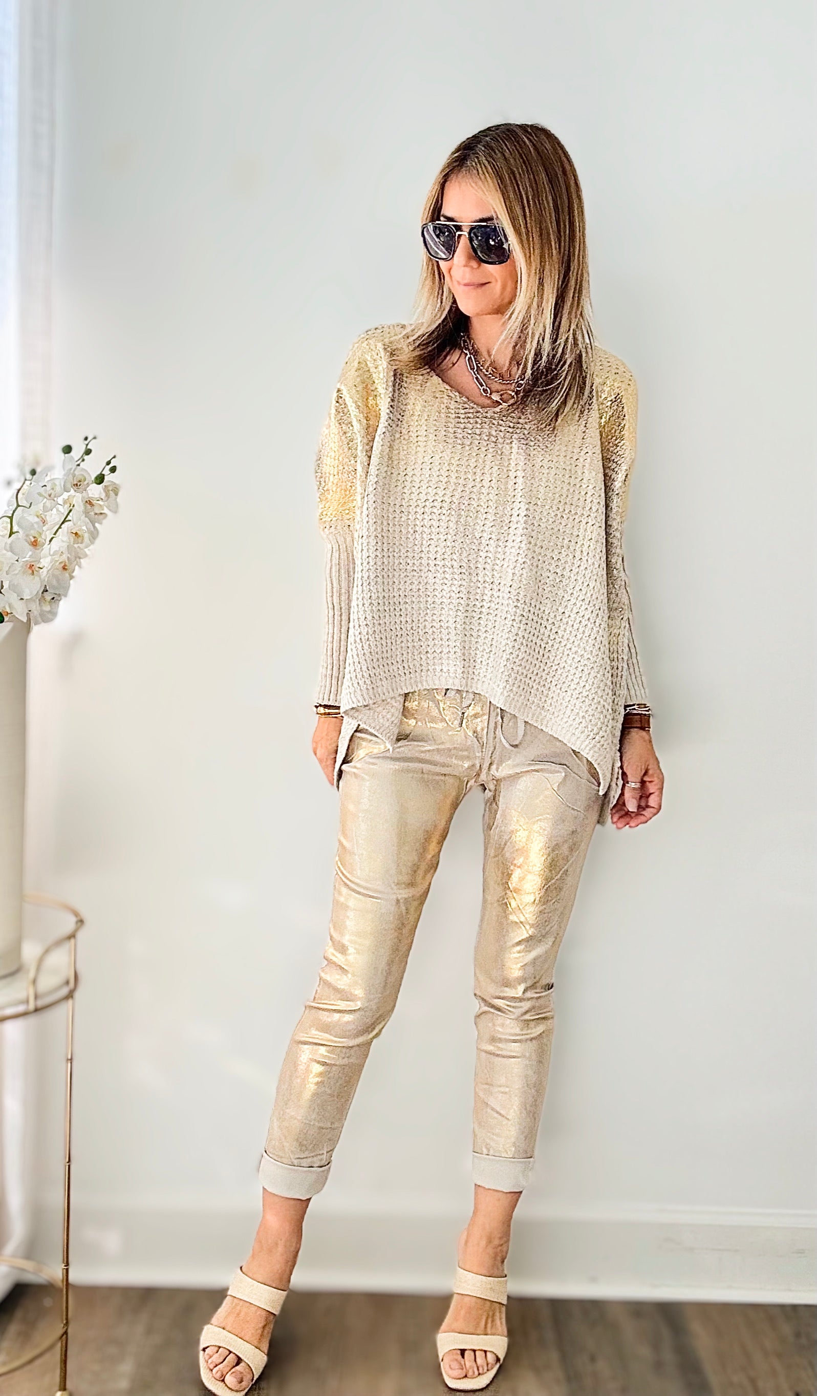 Glistening Italian Joggers - Ecru/ Gold-180 Joggers-Germany-Coastal Bloom Boutique, find the trendiest versions of the popular styles and looks Located in Indialantic, FL