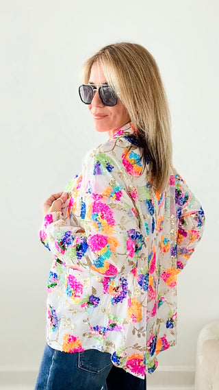 Sunny Splash Sequin Floral Button Up Blouse - White-130 Long Sleeve Tops-MAIN STRIP-Coastal Bloom Boutique, find the trendiest versions of the popular styles and looks Located in Indialantic, FL