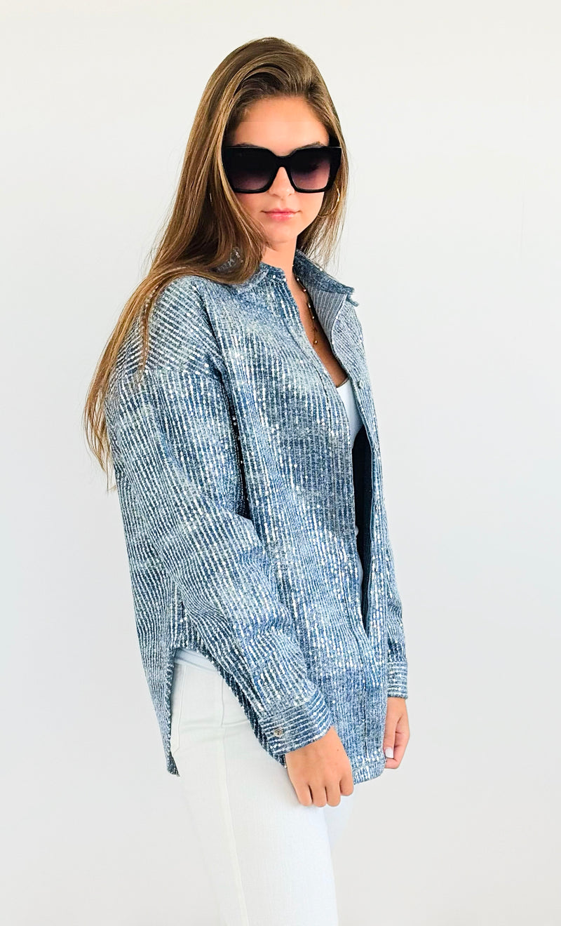 Sparkly Sequin Denim Shacket-130 Long Sleeve Tops-Hot & Delicious-Coastal Bloom Boutique, find the trendiest versions of the popular styles and looks Located in Indialantic, FL