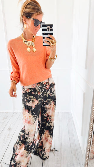 Floral Print Wide Leg Denim Pants