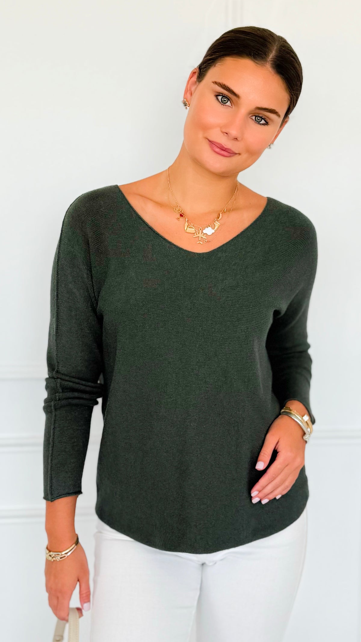 Soho Italian V-Neck Pullover - Army Green-140 Sweaters-Italianissimo-Coastal Bloom Boutique, find the trendiest versions of the popular styles and looks Located in Indialantic, FL