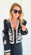 Embroidery Detail Front Tie Long Sleeve Jacket-160 Jackets-Blu Pepper-Coastal Bloom Boutique, find the trendiest versions of the popular styles and looks Located in Indialantic, FL